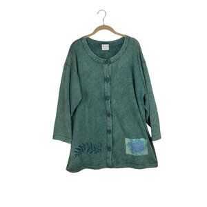 In-tu-it Handprinted Button Up Longline Sweatshirt Green Wearable Art One Size